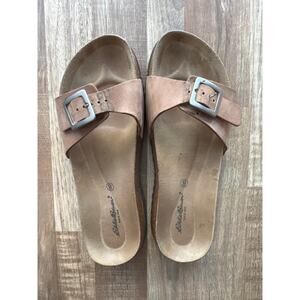Women's Eddie Bauer Leather Tan One Strap Slip On Sandals size 8 Artsy Lagenlook